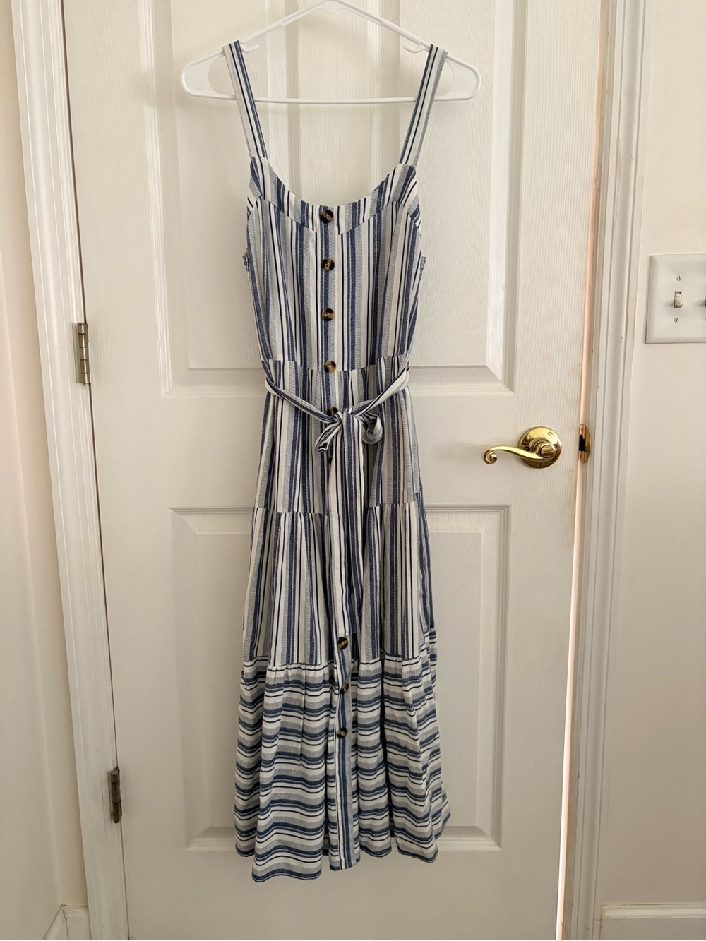 Blue & White Striped Button-Front Maxi Dress with Waist Tie